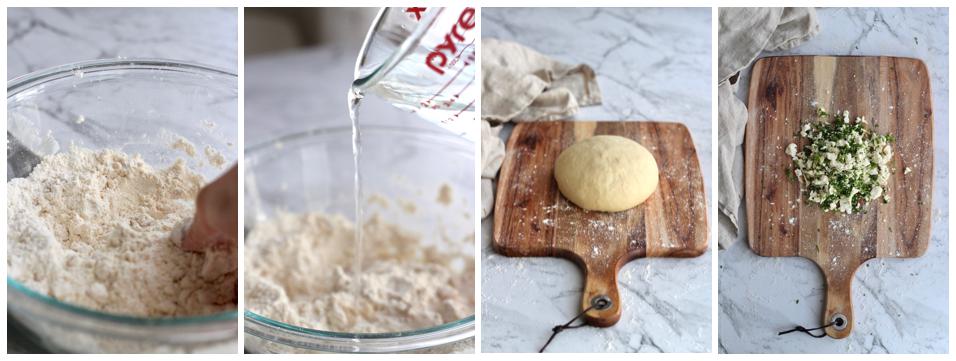 Collage of multipurpose dough being made and baladi cheese filling.