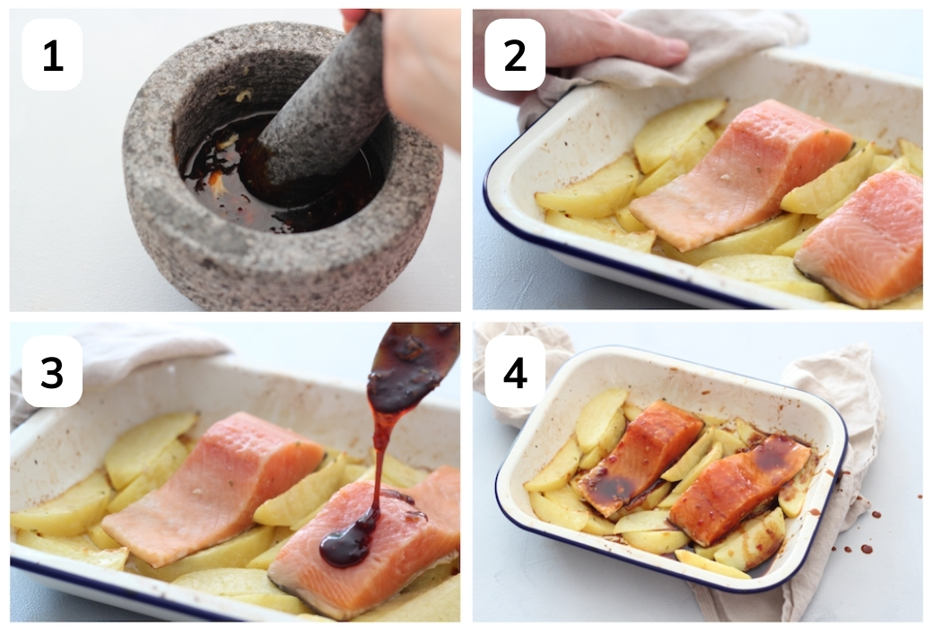 Collage of the four steps required to make Asian glazed salmon.