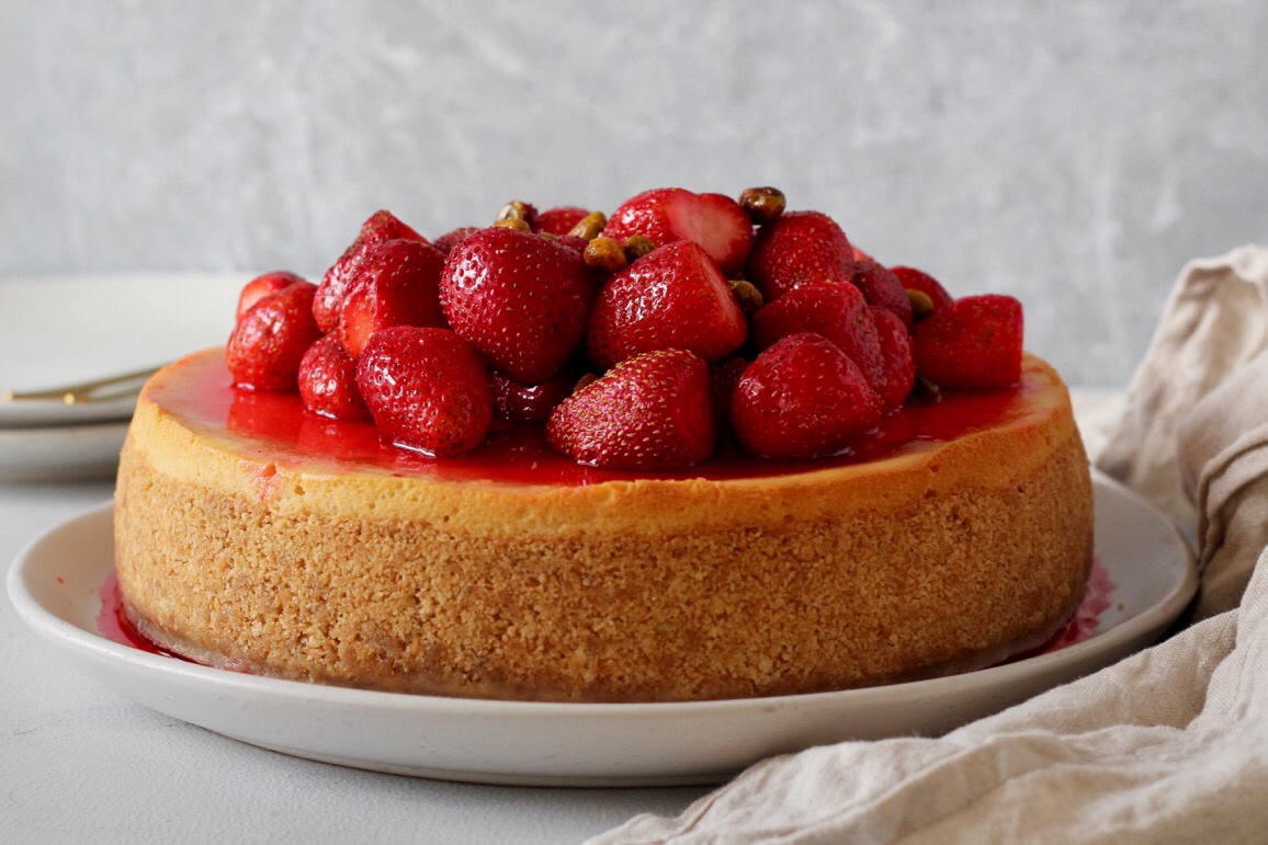 Ricotta Cheesecake with Rosewater Syrupy Strawberries – 'til golden brown