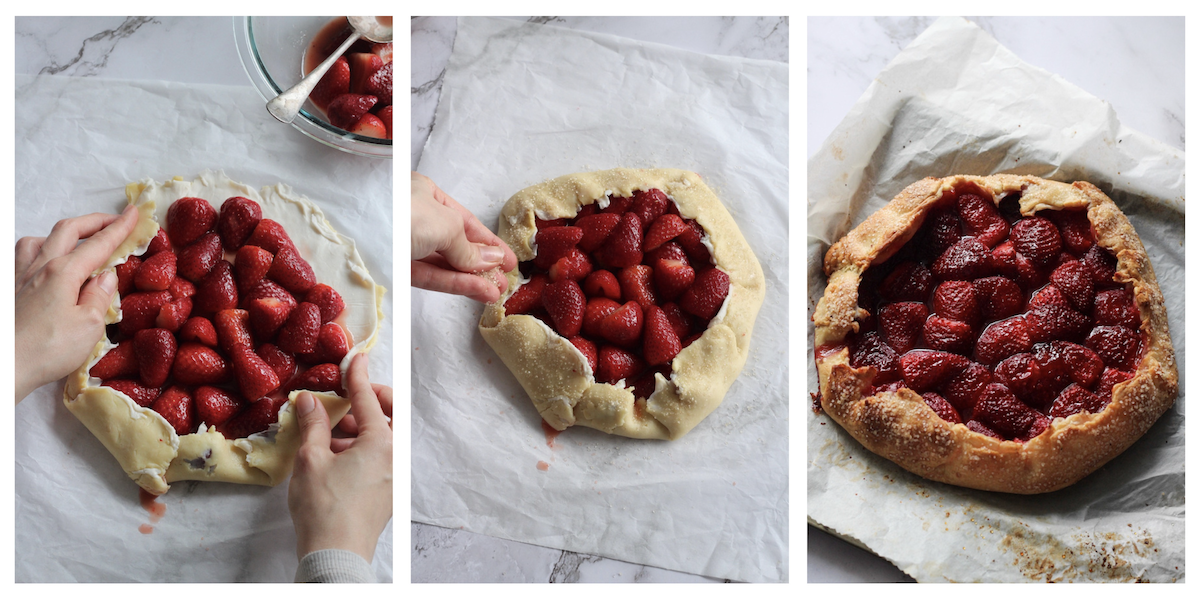 Collage of 3 images: folding crust, adding sugar, baked galette.