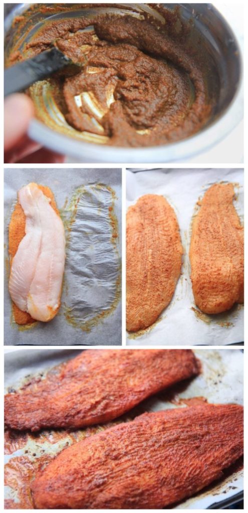 Collage of the process of making baked tandoori fish.