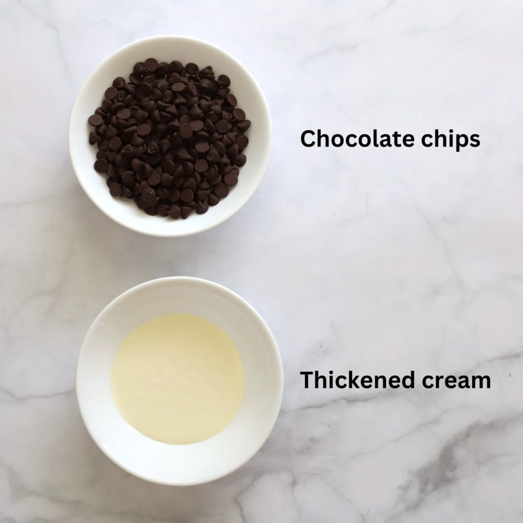 Top down image of two bowls, one containing chocolate chips and the other containing cream.