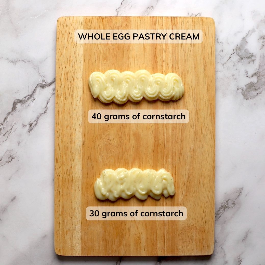 Top down image of two finished pastry creams made with different amounts of cornstarch.