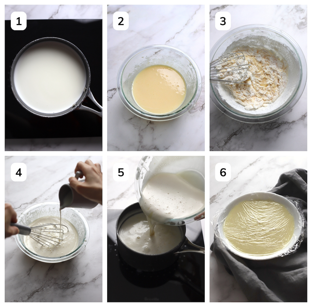 Collage of 6 images showing how creme patisserie is made.