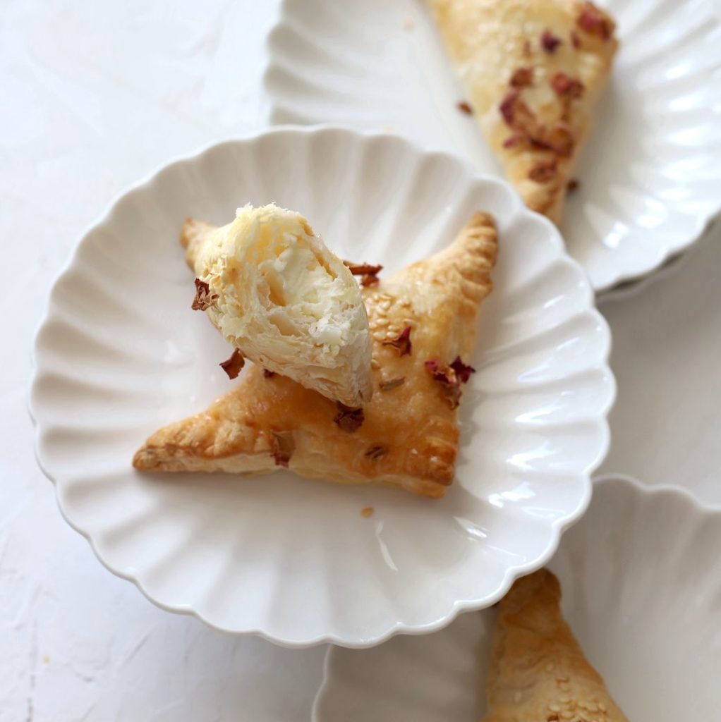 Close up of the filling of the hand pies after baking on a small plate.