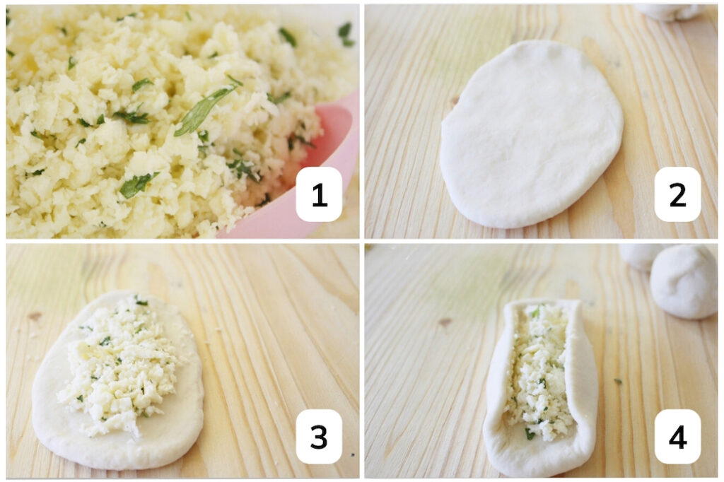 Collage showing steps 1-4 of how to make cheese fatayer.