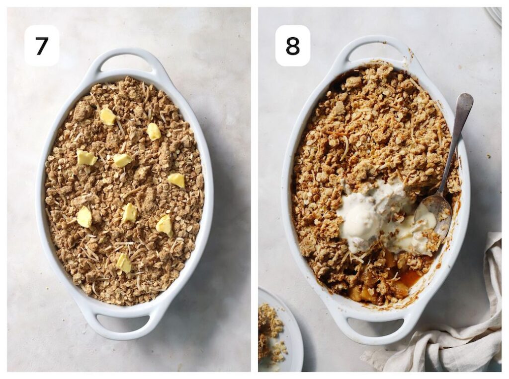 Collage of two images of the crumble before and after baking.