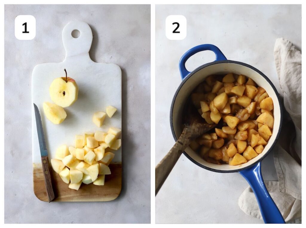 Collage of two images preparing apples for the filling.