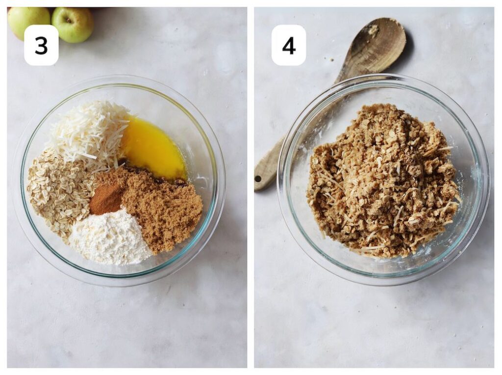 Collage of two images showing crumble toppings in a bowl, and the topping mixed.