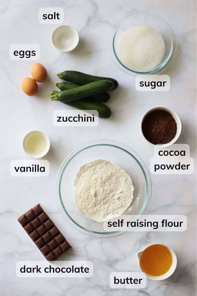Top down image of the ingredients required to make this zucchini loaf.