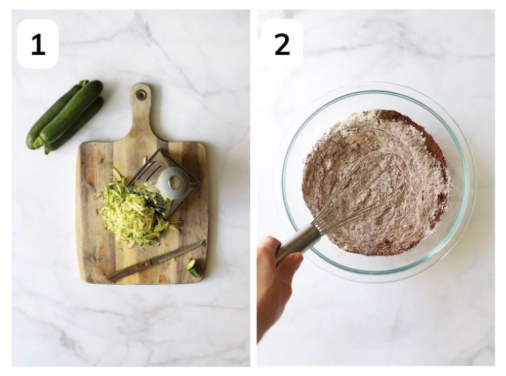 Collage of two images showing grated zucchini, and dry ingredients in a bowl.