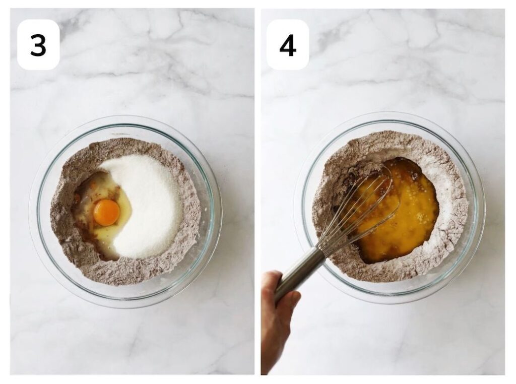 Collage of two images showing wet ingredients in the centre of the dry ingredients, then the wet ingredients being whisked together.