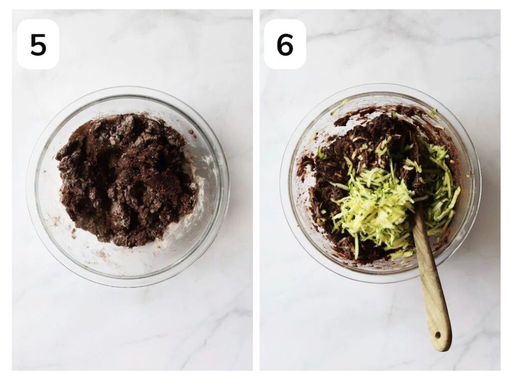 Collage of two images showing the slightly mixed batter, and the zucchini being added to the batter.