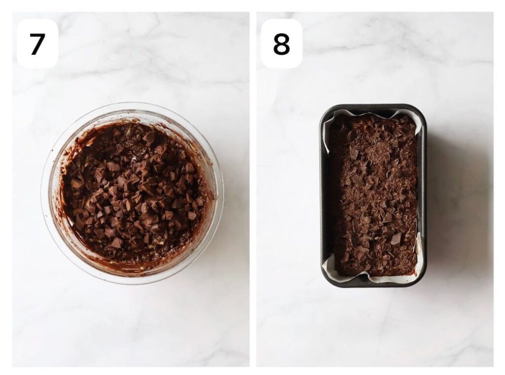 Collage of two images showing chocolate added to the batter, and the completed batter in the prepared loaf tin.