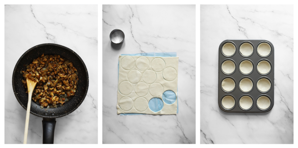 Sautéed mushroom filling, cut puff pastry rounds, and a pastry-lined patty pan for Camembert and mushroom tartlets.