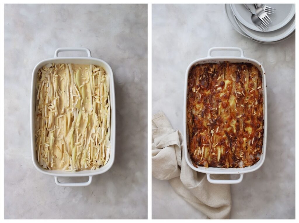 Almonds sprinkled on top, and the finished tart baked until golden.