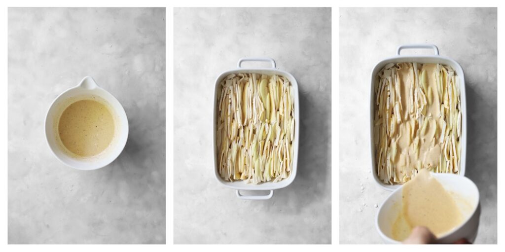 Step-by-step process showing custard being whisked and poured over a pear and Camembert filo tart.