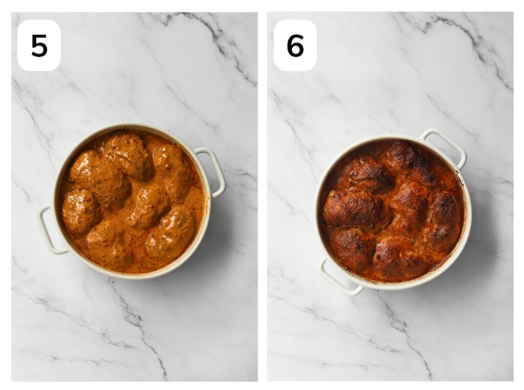 Two-panel process photo showing chicken thighs completely coated in a thick Moroccan yogurt sauce before the final bake (Step 5) and the finished oven-baked Moroccan chicken with a deeply caramelized, glossy glaze (Step 6).
