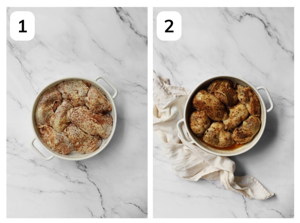Two-panel process photo showing seasoned raw chicken thighs in a white ceramic baking dish on a marble surface (Step 1) and the par-roasted chicken thighs after being baked under foil with pan juices visible (Step 2).