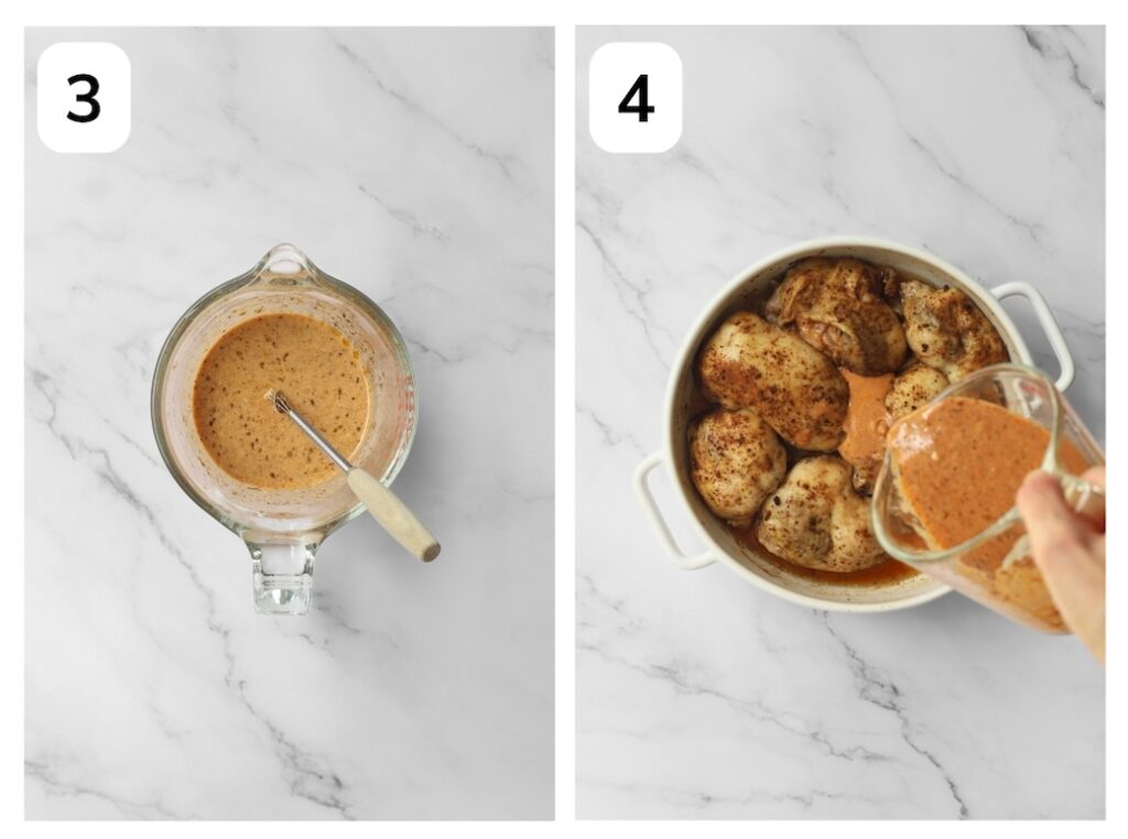 Two-panel process photo showing a whisked creamy, orange Moroccan chicken sauce being whisked in a glass measuring cup (Step 3) and the sauce being poured over the par-roasted chicken thighs in a white baking dish (Step 4).