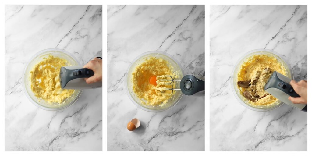 A three-part collage showing the first steps of a one-bowl banana cake method: creaming butter and sugar with a simple hand mixer, beating in an egg, and blending in bananas.