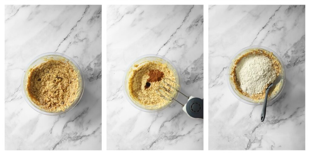 A three-part collage continuing the easy banana cake batter: the blended wet ingredients in a glass bowl, adding cinnamon and vanilla, and preparing to fold in the self-raising flour.