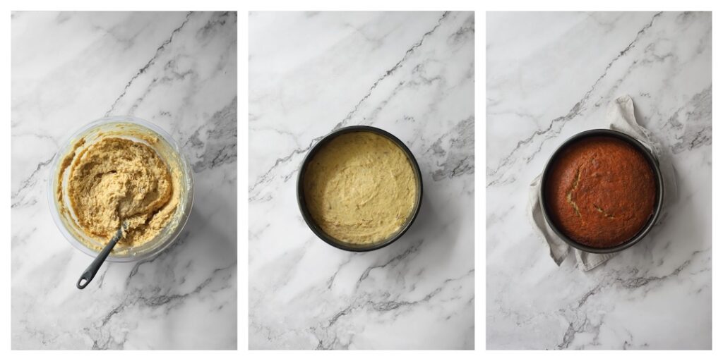 A three-part collage showing the final baking steps: the completed banana cake batter, the batter spread evenly into a round baking pan, and the finished golden-brown baked cake.