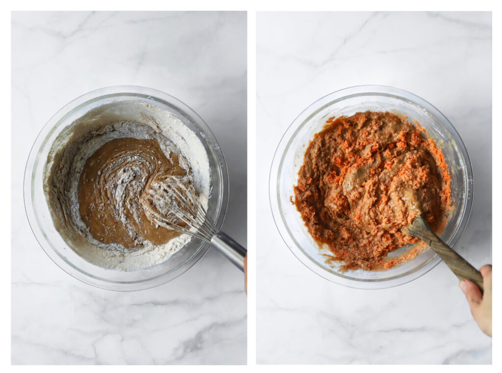 Steps to finish the carrot cake batter: From left to right, whisking in dry ingredients into the wet mixture, followed by mixing through the freshly grated carrots.