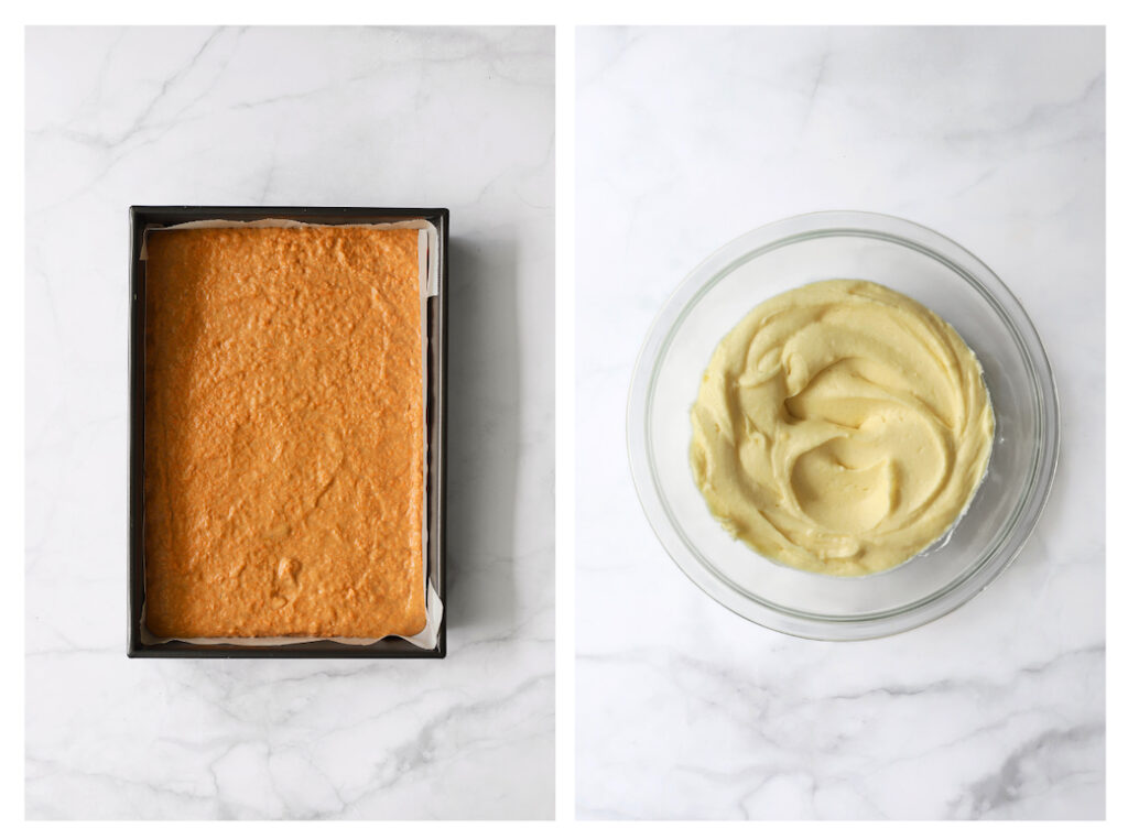 Final prep steps for the sheet cake: From left to right, unbaked cake batter in a rectangular metal pan, and a glass bowl of freshly whipped cream cheese frosting.
